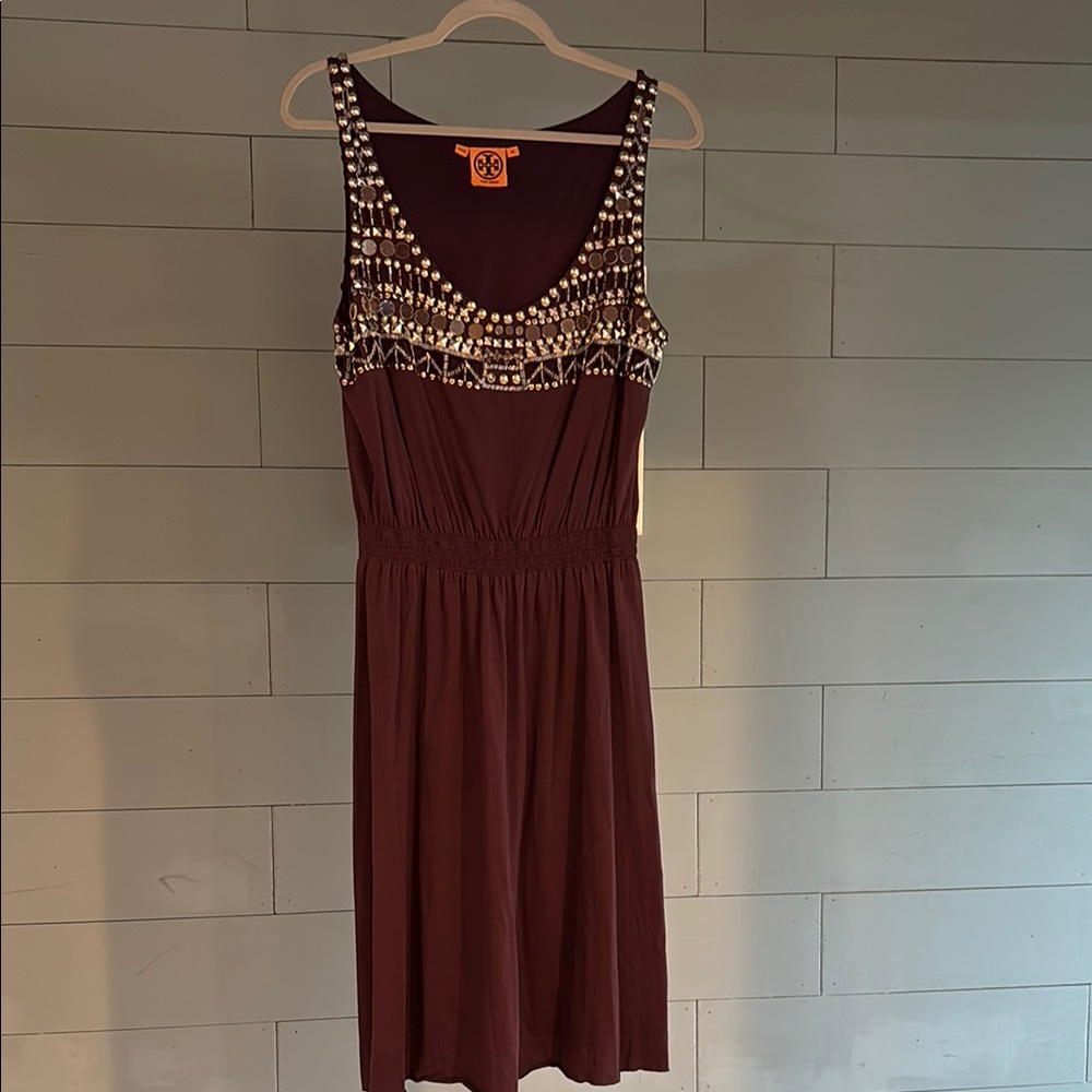 Tory Burch‎ eggplant tank dress with metallic embellishments